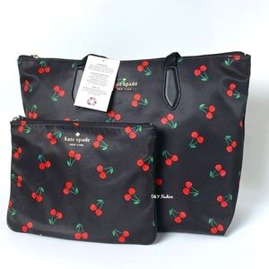 Kate Spade New York Mel Packable Carryall Tote Bag Black with Cherry Print